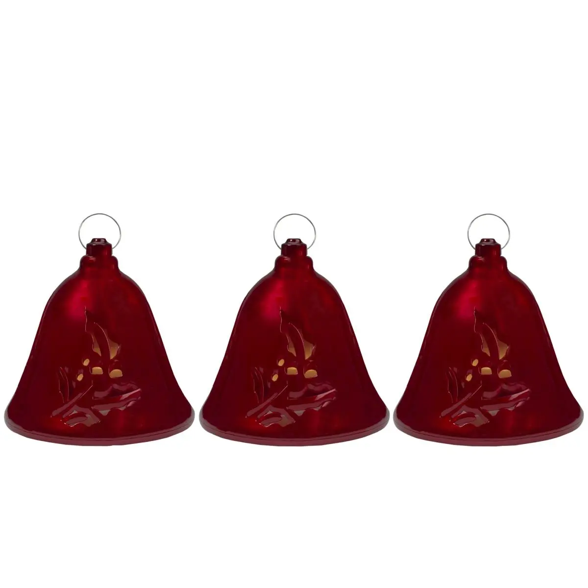 212 MAIN Round Bell Shape Christmas Ornaments - 6.5 in. Plastic Red Lighted Set of 3, Switch-Operated, Hangable with Hook, Holly Berry Accents, Motion-Activ., Dining Table/Guests Outside Decor