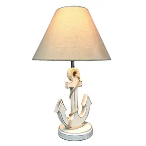 Coastal White Anchor Table Lamp with Shade, 19" Nautical Wood Accent Lamp, Beach House Bedroom Nightstand Lighting, Rope Detail, 40W Max, In-Line Switch, Living Room Decor, Bulb Not Included