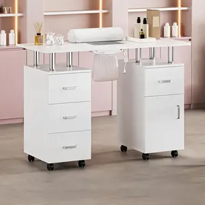 Manicure Table, Nail Desk for Nail Tech, Nail Table Station with 4 Drawers and 1 Cabinet, Wooden Nail Makeup Storage for Beauty Salon with Lockable Wheels, Wrist Cushion, White