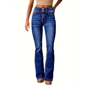 [Retro Stretch Bootcut Jeans] Mid-Rise Retro Stretch Bootcut Jeans - Comfort Fit with Button Closure, Washed Blue, Slash Pockets Bottoms Womenswear