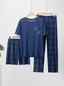 Men's Lightweight Sleepwear Set, Round Neck Plaid Print Short Sleeve Top and Shorts Pants, Summer Casual Home Wear Three-Piece Suit