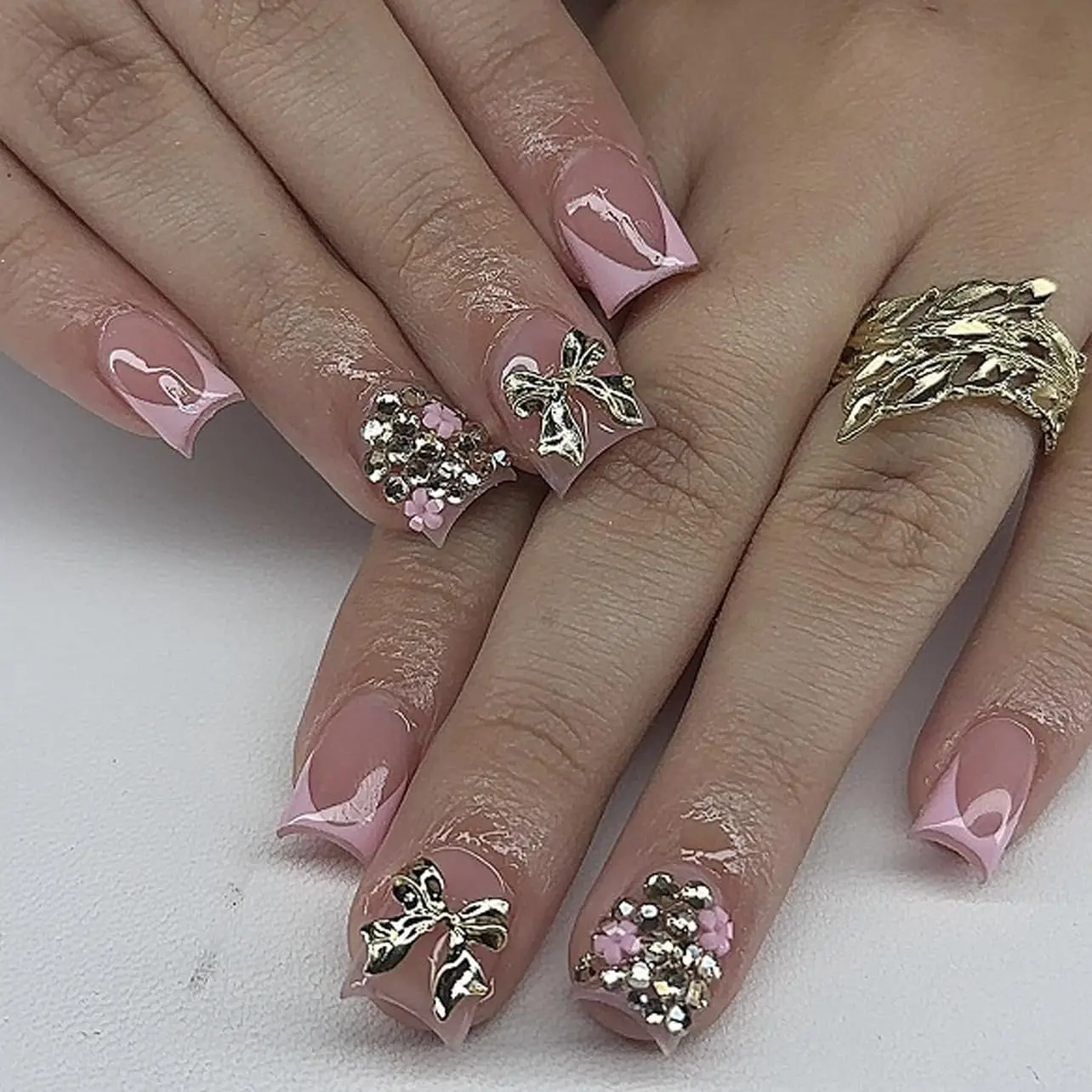 Short Press on Nails Square - Pink French Tip Fake Nails with Silver Bow Design - Rhinestone, Glossy Full Cover Stick on False Nails - for Women 24 Pcs