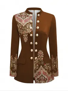 Plus Size Women's Long Sleeve Woven Blazer Jacket, Vintage Digital Floral Print, Multiple Buttons Design, Casual Fashion Outerwear for Ladies