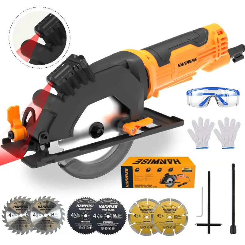 HANWISE 5.8A Circular Saw, 120V Compact Saw With 6 Blades, 1-11/16 In Max Cutting Depth, Edge Guide And Metal Base For DIY Wood Cutting
