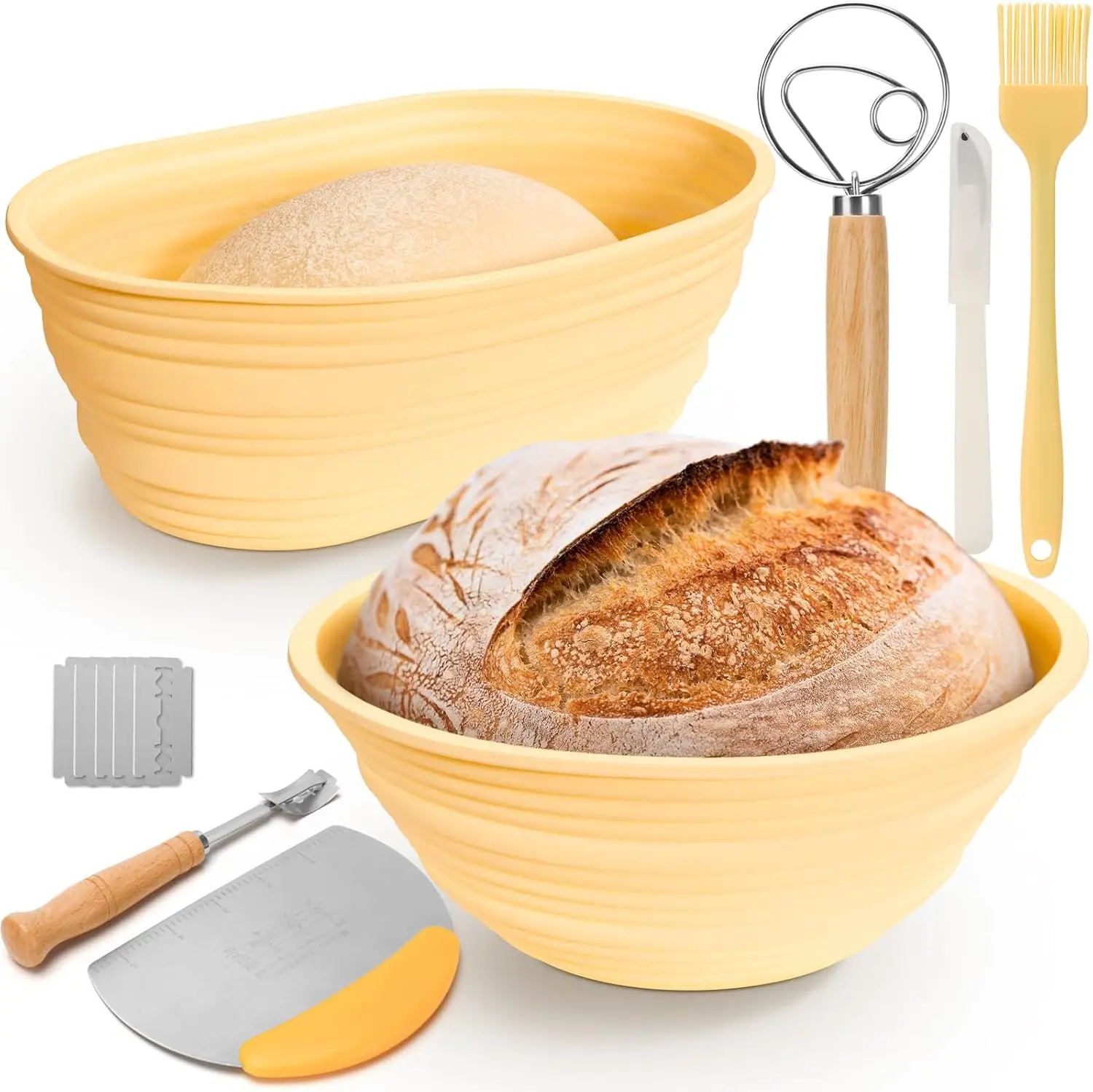 Bread Proofing Baskets Set of 2 with Baking Supplies, Complete Sourdough Breadbaskets Starter Kit with 10' Oval 9 Bakeware Utensils sourdough starter