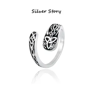 925 Sterling Silver Celtic Trinity Knot Open Ring, Adjustable Vintage Triquetra Knot Ring, Norse Viking Jewelry for Men Women, Protection Amulet, Retro Black Enamel, Comfort Fit, Statement Ring for Daily Wear & Gifting