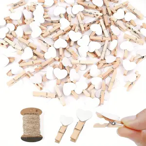 100 Pcs White Heart Clothespins Wooden Photo Paper Peg Pin Craft Clips with 10.9 Yards Natural Jute Twine for Paper Photo Display Hanging Home Party Wedding Decor Valentine's Day Gifts,Hand Tools Kits