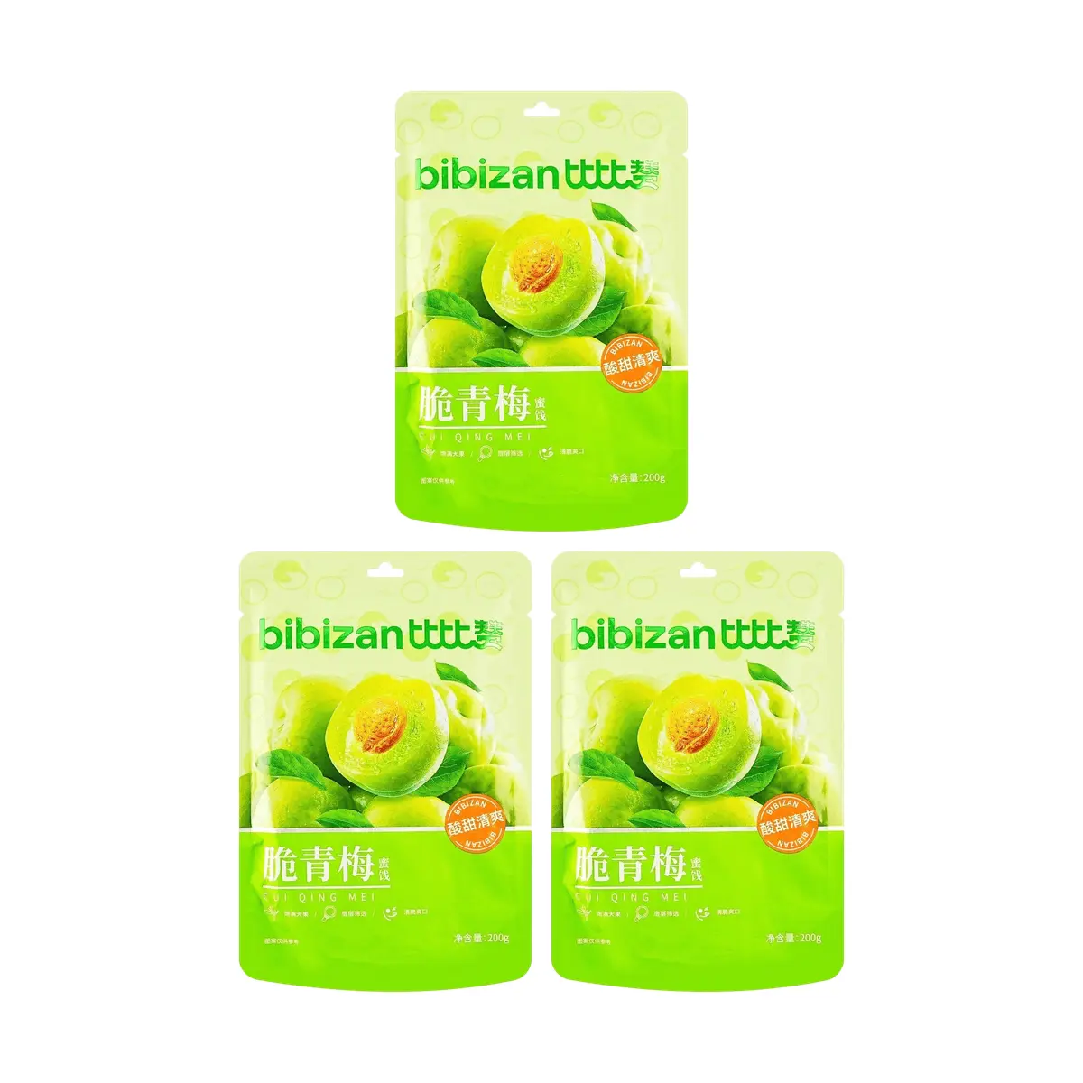 BiBiZan Crispy Green Plums 3-Pack (200g Each) - Sweet & Sour, Juicy, Thick Flesh, Bulk Snack