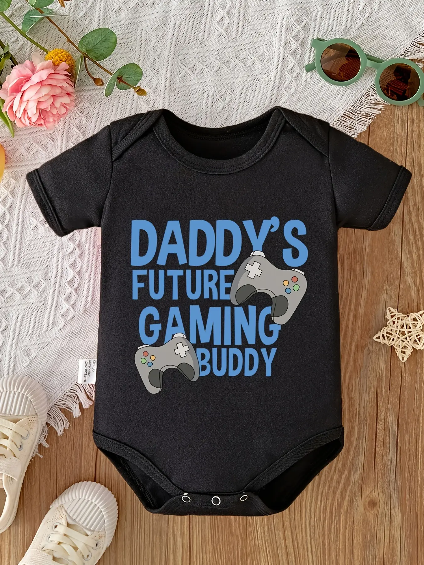 Newborn Baby Bodysuit, Unisex Short-Sleeve Crew Neck with Game Console Graphic, Fitted Design, Machine Wash, Pregnancy Gift