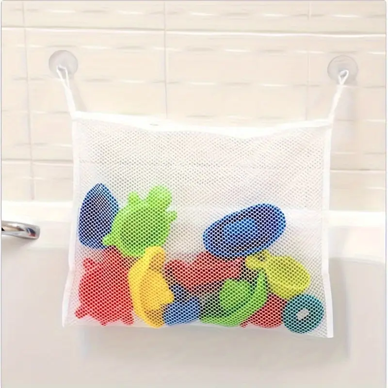 1pc Bath Toy Storage Bag With Suckers, Wall Hanging Mesh Net Bag For Toys, Quick Drying Toys Organizer Holder, Water Toys, Bathroom Accessaries