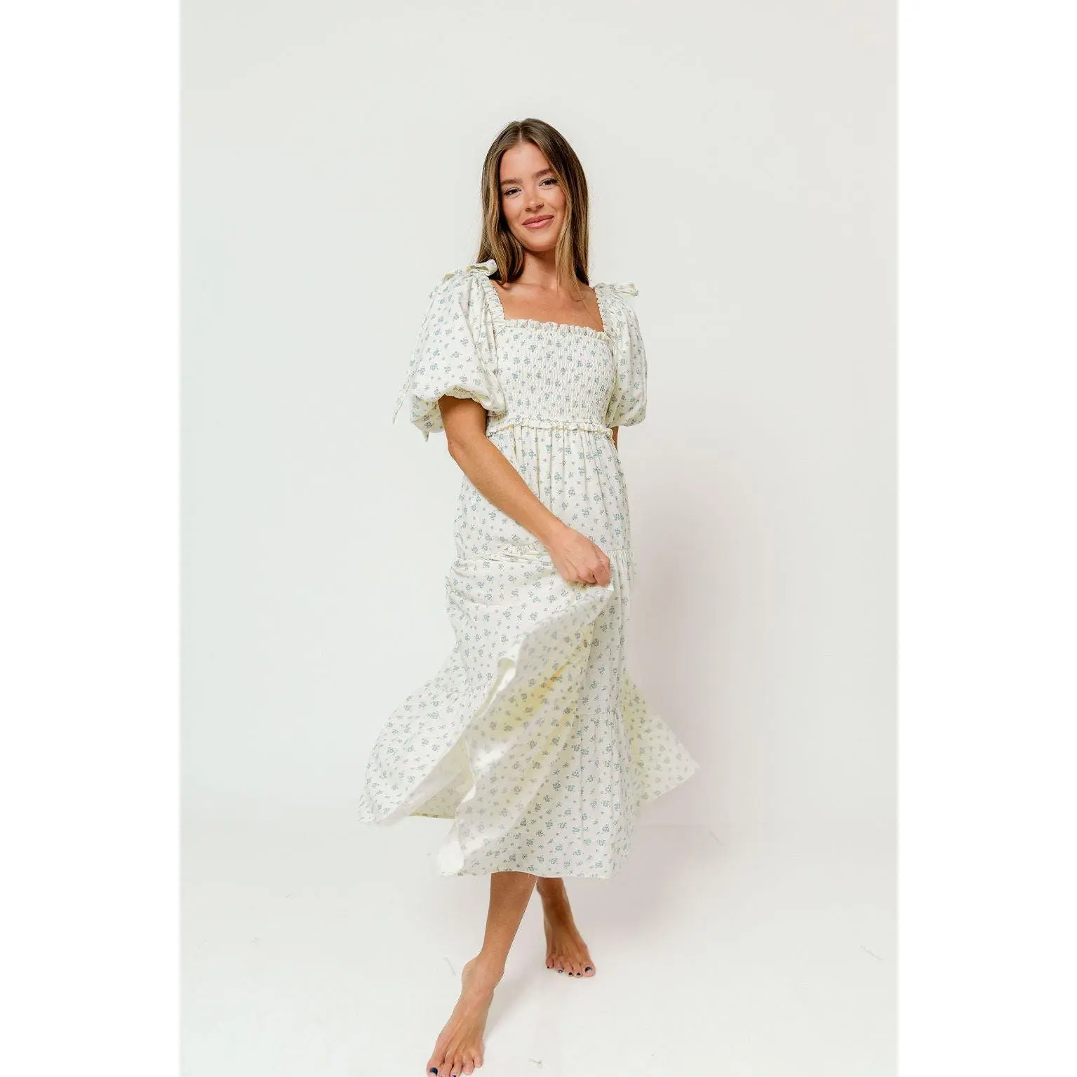 Elena Midi Dress in Cream/Blue Tiny Floral - Bump Friendly & Inclusive Sizing