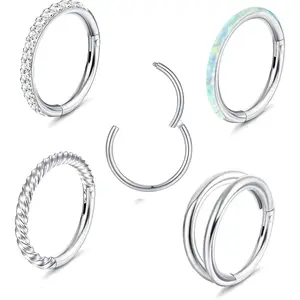 Sanfenly Unisex 5Pcs 18G-16G Surgical Steel Nose Rings, Multi-Size Hoop Shape with 8mm-10mm Click Closure, Opal CZ Hinged Septum Jewelry for Casual Wear, Fit Lip Helix Cartilage Piercings, Nose Ring