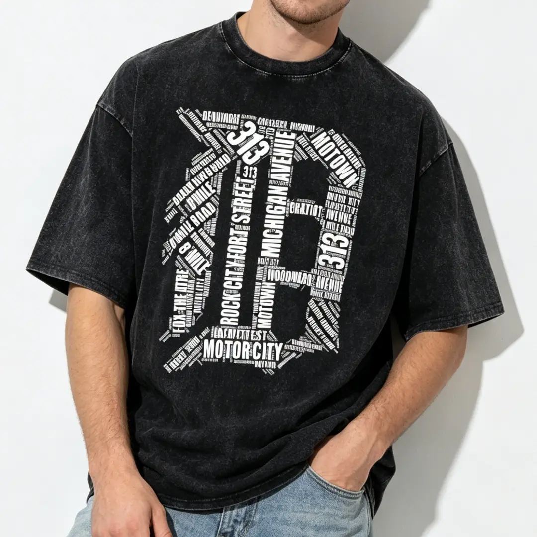 Unisex Heavyweight Cotton Oversized Fit Acid Wash Graphic Tee Detroit City Street Name Word Cloud Double D Shape Vintage White Text Print Black Crew Neck Motor City Retro Street Soft Casual Daily Top
