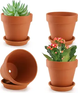 4 Pack Terracotta  Pots with , Large 6 Inch Terra Cotta  Pot with Drainage Hole, Clay Flower Pot with Tray for Indoor Outdoor , Crafts Terra Cotta Planter