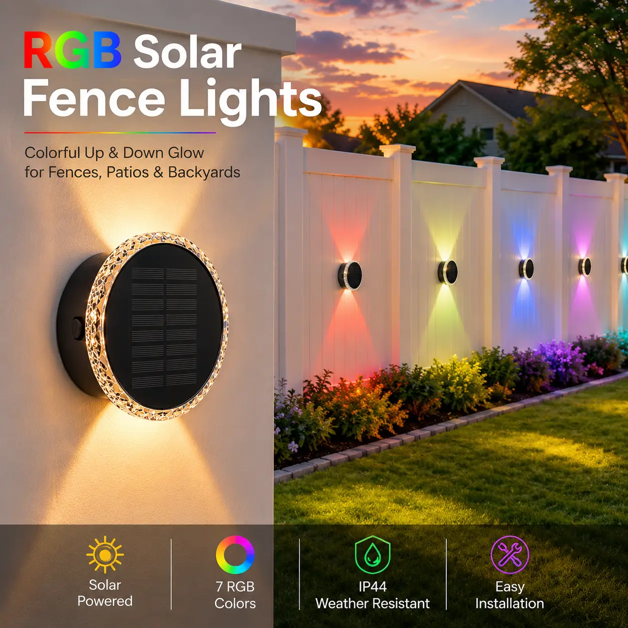 DERAYSION Crystal Solar Outdoor Wall Sconce Lights, IP44 Waterproof Up & Down Wall Washer, 18650 Rechargeable Lithium Battery, Dusk to Dawn Solar Fence Lights (3 Color Modes 8 Pack, RGB Color 6 Pack Options)