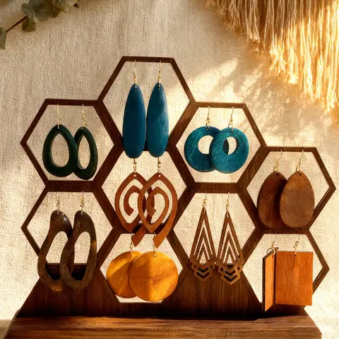 Wooden Earrings Set, Multi-color Hollow Water Drop & Geometric & Round Wooden Dangle Earrings, Dangling Earrings, Retro Minimalist Style Earrings, Boho Style Jewelry, Trendy Jewelry, Jewelry Design, High Quality Earrings, Ear Accessories