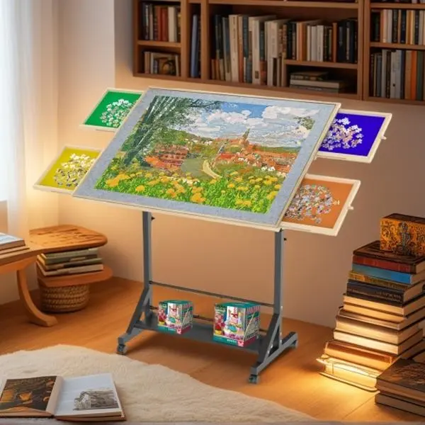[Bellemave]Wooden 1500 Piece Puzzle Table with Drawer, 35"*27.17" Adjustable Puzzle Table, 360° Tilting Puzzle Table with Legs and Wheels, Adjustable Height and Angle, with Protective Cover (PRIME BIG DEAL DAYS)