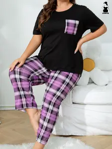 Women's Plus Size Sleepwear Set, Loungewear, Short Sleeve Top and Long Pants, Plaid Pattern, Polyester Elastic Fabric, Home Wear