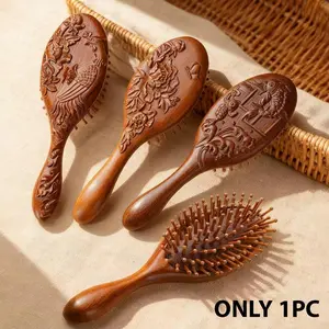1pc Natural Material Cushion Massage Comb, Carved Phoenix Koi Orchid Peony Patterns, Soft Design Comfortable Scalp Massager, Women Hair Brush Gift