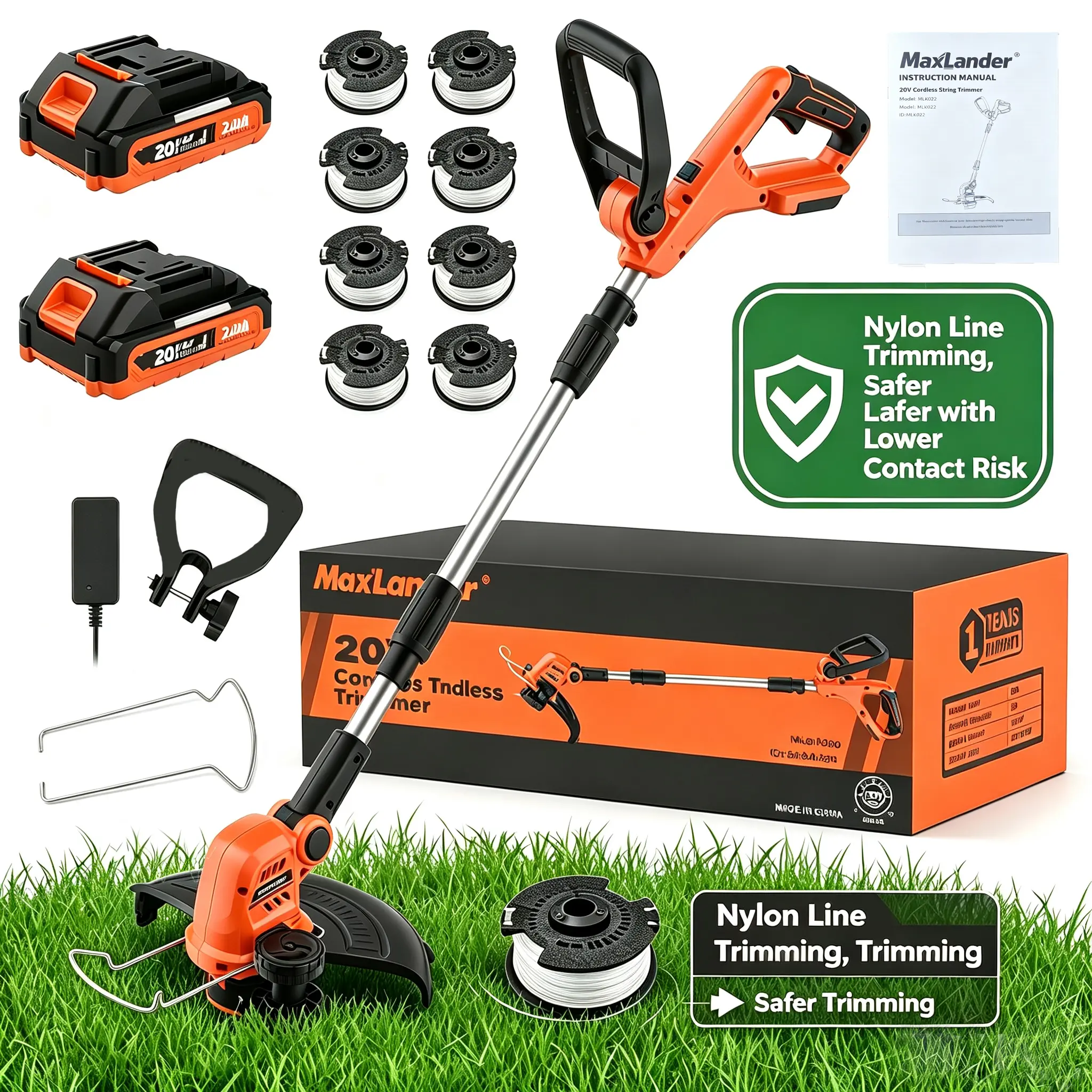 MAXLANDER 21V Cordless Electric String Trimmer, 12" Low Noise Ergonomic Lawn Tool with 2×2.0Ah Batteries - User-Friendly Weed Eater for Small Yds