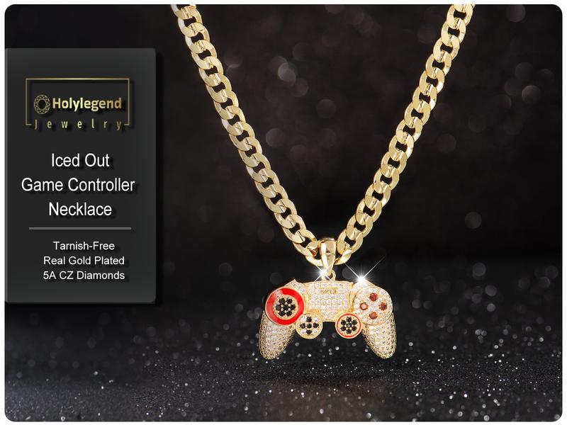 Holylegend 14K Real Gold-Plated Game Controller Necklace, Statement necklace,Sony-Inspired CZ Diamond Pendant, 24" Cuban & Rope Chain, Hip Hop Jewelry Gift for PlayStation Fans