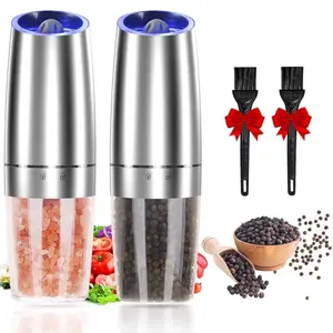 Gravity Electric Salt and Pepper Grinder Set of 2, Adjustable Coarseness, Automatic Mill Grinder, Battery Powered with Blue LED Light, One Hand Operated (Sliver 2 Pack)