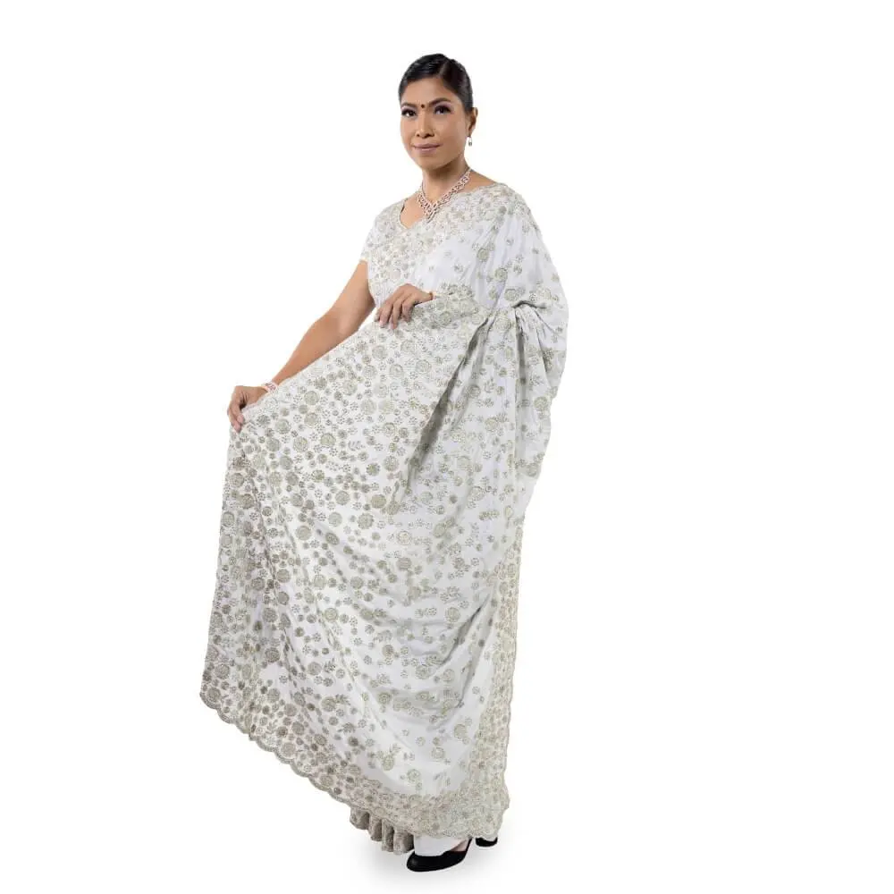 Satin Silk saree with bead work embroidery -  Gray