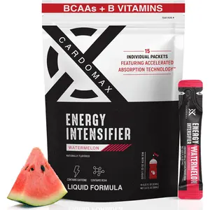 CardoMax Energy Drink Packets – Watermelon Liquid Preworkout Sticks – Energy Boost – 15 Sugar-Free Caffeine Packs with BCAA, Vitamin B12, B6 & B3 – Zero Calorie, Vegan, Keto Performance Supplement for Men and Women