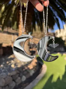 KawaiiGlassCo Limited Edition Halloween Wispy Black and White Stained Glass Mini Moon Car Charm with Hanging Bat - Handmade!