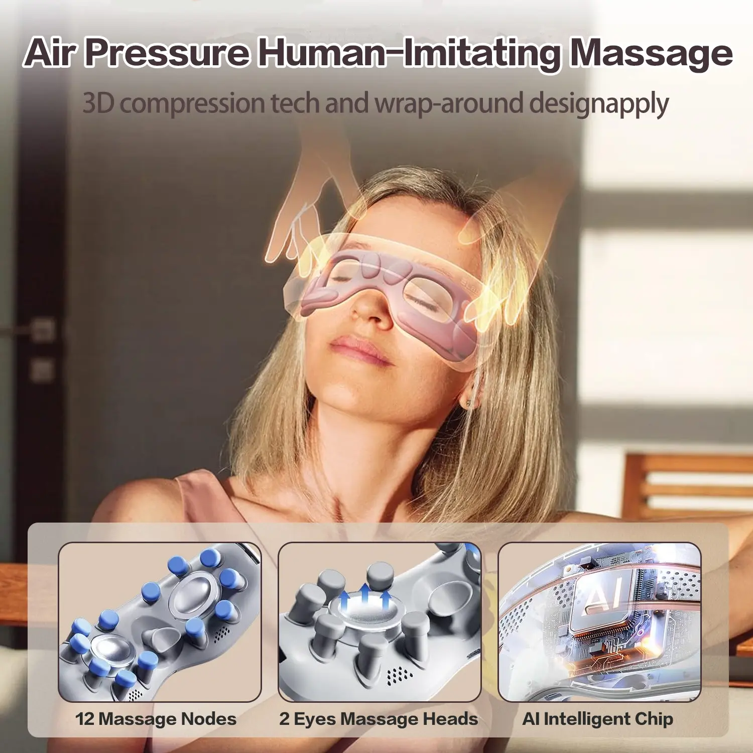 Smart Heated Eye Massager with Vibration, Heating, Airbag Compression,  Bluetooth-compatible Music, 5 Massage Modes, Rechargeable, Foldable, Unisex 