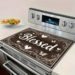 2D Flat, 1pc Modern Stove Protector Cover with "Blessed" Design - Vibrant Floral & Butterfly Pattern, Heat-Resistant Kitchen Mat for Electric Stoves, White & Brown, Home Decor Accessory, Stove Top Protector, Stove Top Cover, Decorative Stove Cover