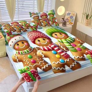 3-Piece Christmas Themed Bedding Set, Christmas Gift Gingerbread Snowman Pattern Printed Fitted Sheet Set, Soft, Breathable and Skin Friendly, Christmas Decoration Happy New Year, Including 1 Fitted Sheet and 2 Pillowcases