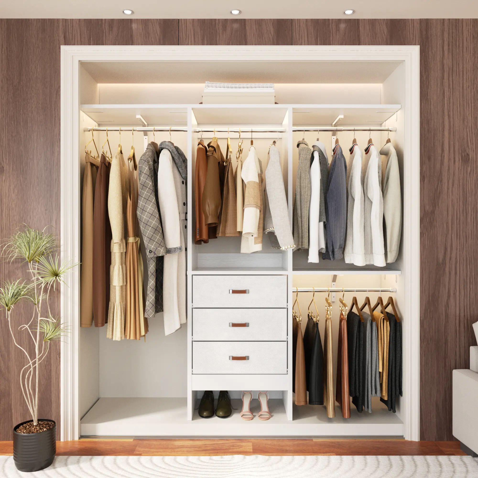 iSunirm 5FT Freestanding Wooden Closet System, 60-Inch Modular Storage Wardrobe with 3 Fabric Drawers, 3 Adjustable Shelves, Heavy-Duty Garment Rack, 59Lx16Wx71H DIY Reversible Multi-Shelf Unit for Organization Needs, Closet Organization, Small Closet Org