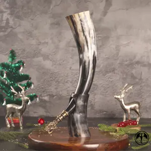 Viking Drinking Horn XL with Brass Wolf Tip| Viking Gift for Men & Women| Unique & Hand Crafted| Food Safe| Natural Shine Finish(Fenrir Tip)