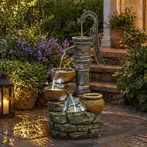 32" H Large Outdoor Fountain with Vintage Pump, Weather-Resistant Garden Decor for Patios, Crafted from Durable Materials for Year-Round Home Art Use, Backyard Decor, Yard Decor Waterfall Tumbled Stones
