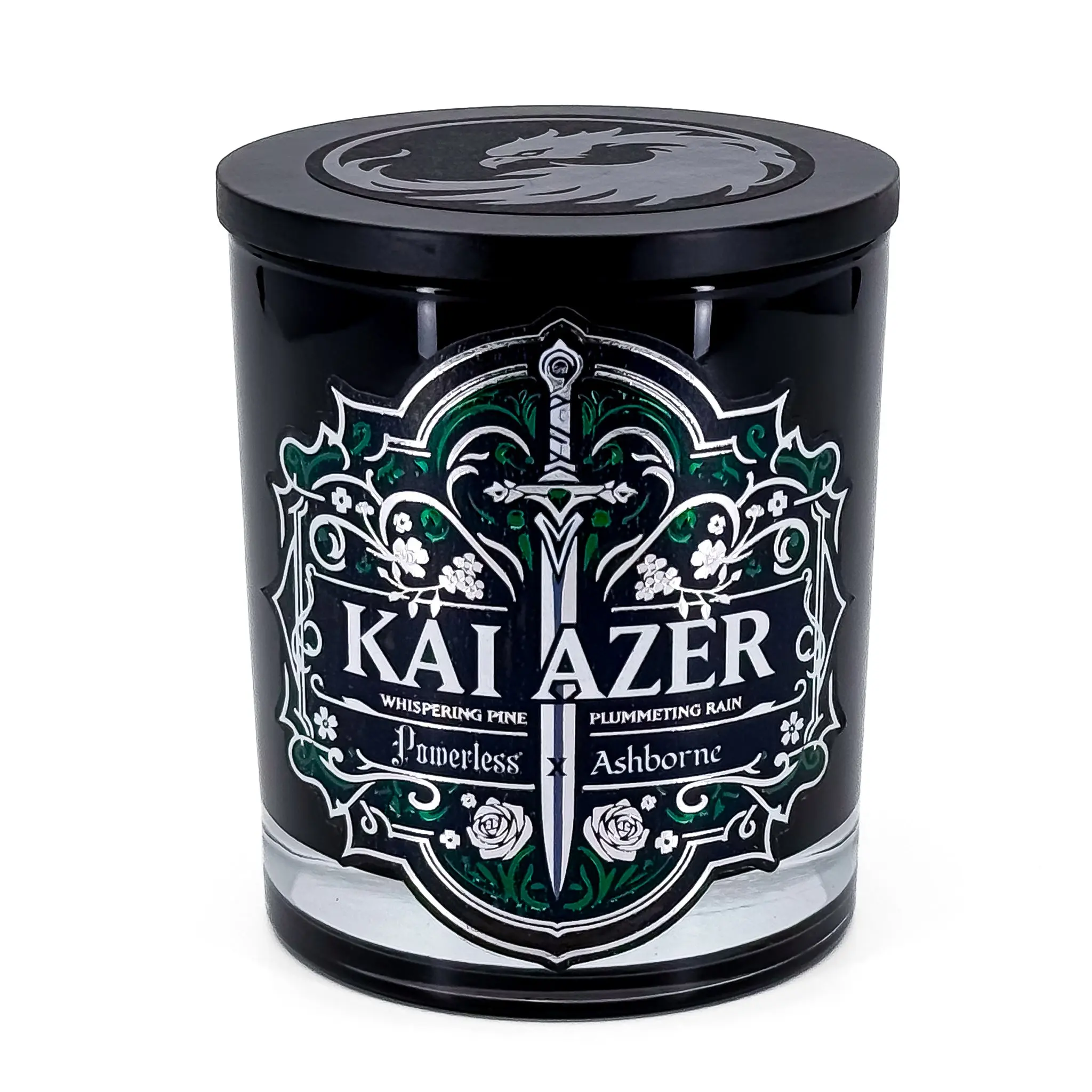 Kai Azer - Powerless - 8oz Scented Candle - Whispering Pine, Plummeting Rain - Natural Coconut Wax - 35 h Burn Time - Premium Foil Label - Bookish Dark Decor Aroma - Officially Licensed