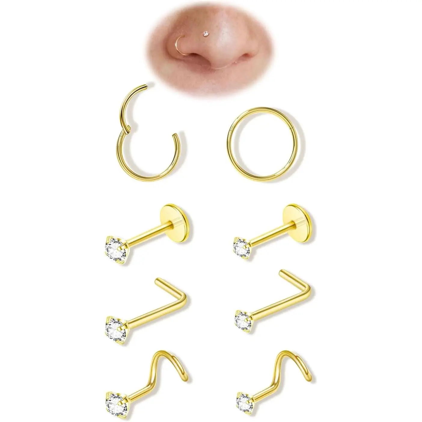 Titanium Nose Rings Hoops Studs, 20G 8 count L Shaped Screw Threadless Flat  Nose Stud 2mm 2.5mm Cubic Zirconia Small    Nose Ring Hoops   for Women Men