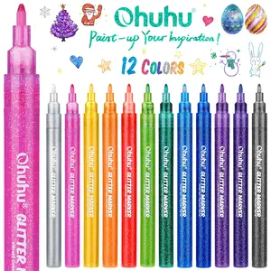 Ohuhu Glitter Markers Pen: Fine Tip - 12 Glitter Colors - Metallic Shimmer Marker Fine Tip Water-based Ink for Kids Adults DIY Crafts Greeting Birthday Cards Making Mugs Wood - Glitter Marker of Ohuhu