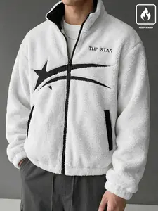 Unisex Streetwear Thick Coat, Star Letter Graphic Print Fleece Jacket, Warm Winter, Casual Fall & Winter Fashion, Suitable for streetwear, Y2K style, men's gifts, autumn/winter trendy travel, and winter holiday gifts.