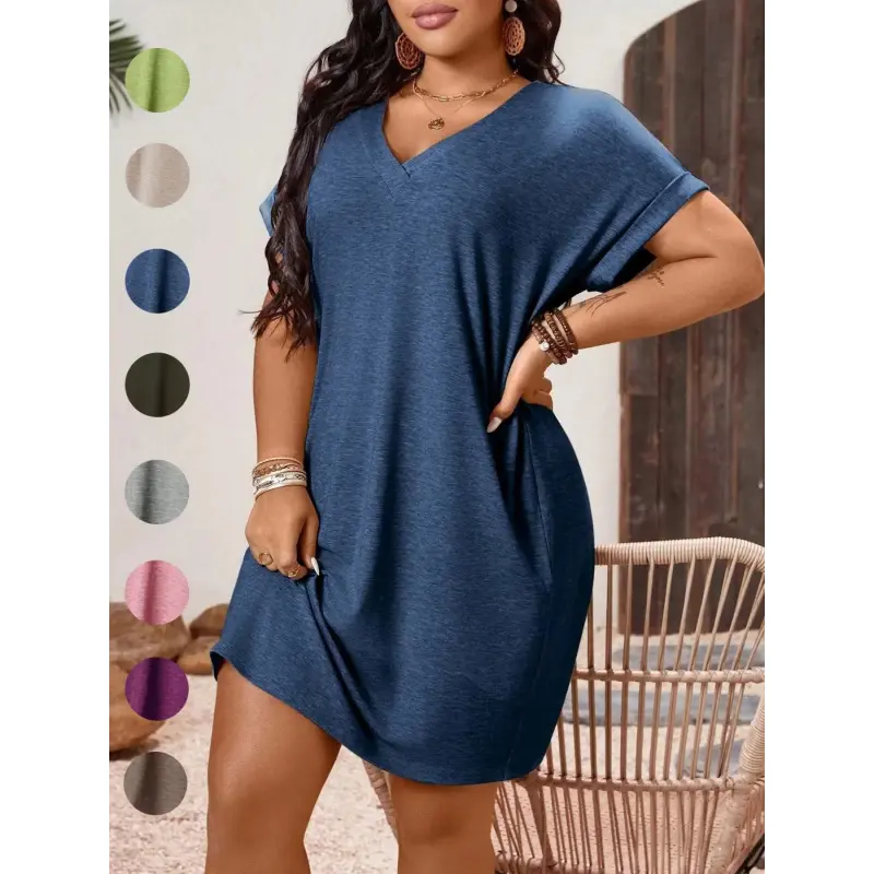 Plus Size Women's Loose T-Shirt Dress, V Neck Batwing Sleeve, Comfortable Casual Summer, Daily Commute, Home Leisure, Vacation, Womenswear