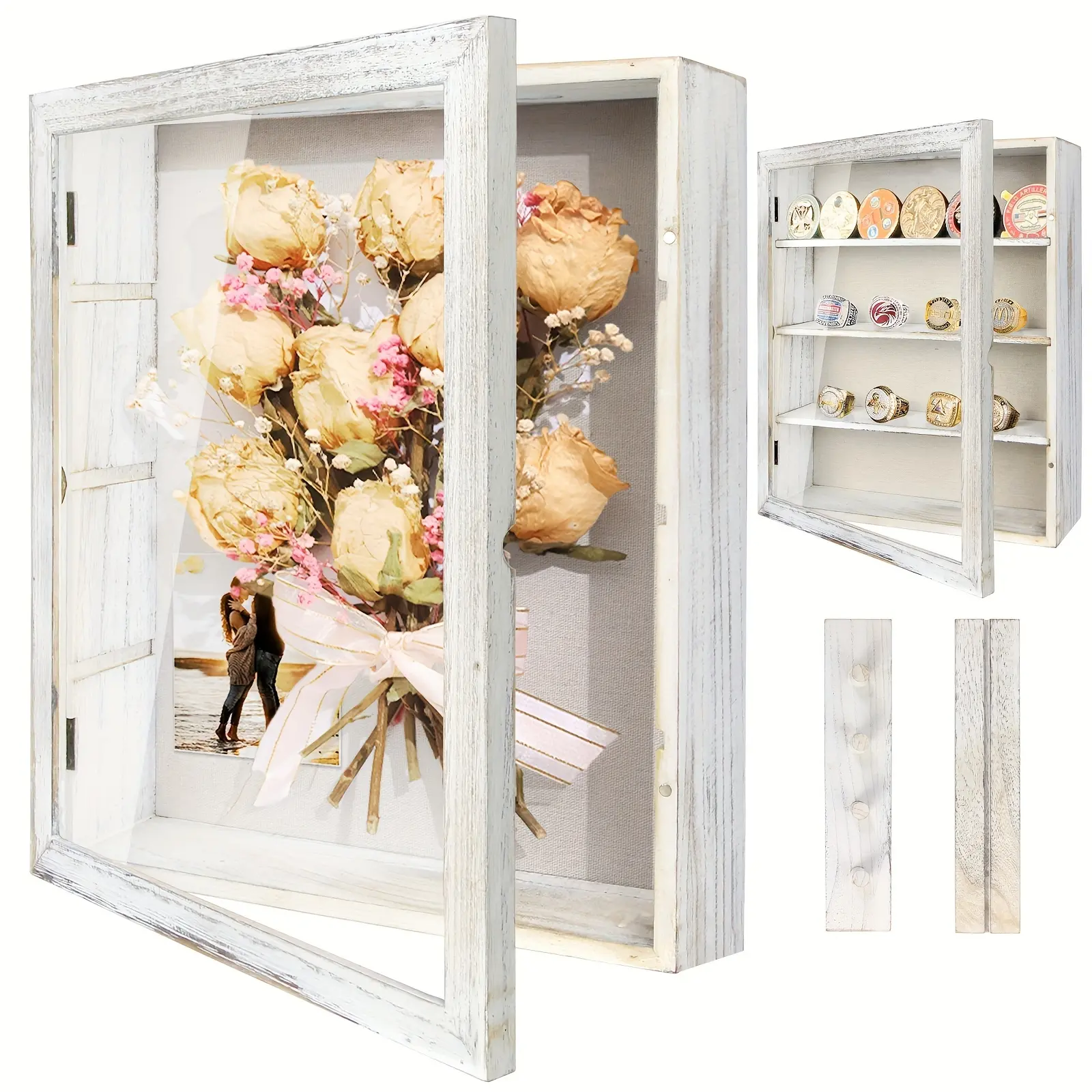 11x14 Large Country Memory Display Box Flowers, Pictures, Championship Rings, MEDALS, Coins, Pin Collection And More, Including 4 Removable Shelving Shadow Box Frames With Linen Back -