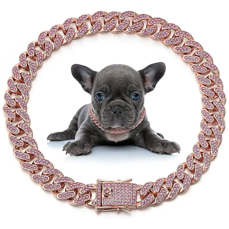 New Pet Collar 12.5mm Wide Cuban Chain Collar for Small Medium Large Cats and Dogs Rose Gold Alloy Necklace