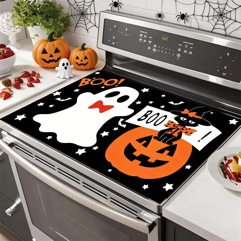 Soft Electric Stove Cover Cook Top Panel Protector Pad, Halloween Ghost Pumpkin Cat Design, Scratch Resistant, Easy Clean, Multi-Purpose Kitchenware Protection Kitchen Mat.Halloween, Thanksgiving, Autumn Decorations