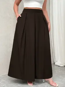 Women's Plus Size Elegant A-Line Basic Maxi Skirt Womenswear Fit, High Waist Button Front Closure, No Elasticity, Knee-Length, Plain Pattern, All Seasons