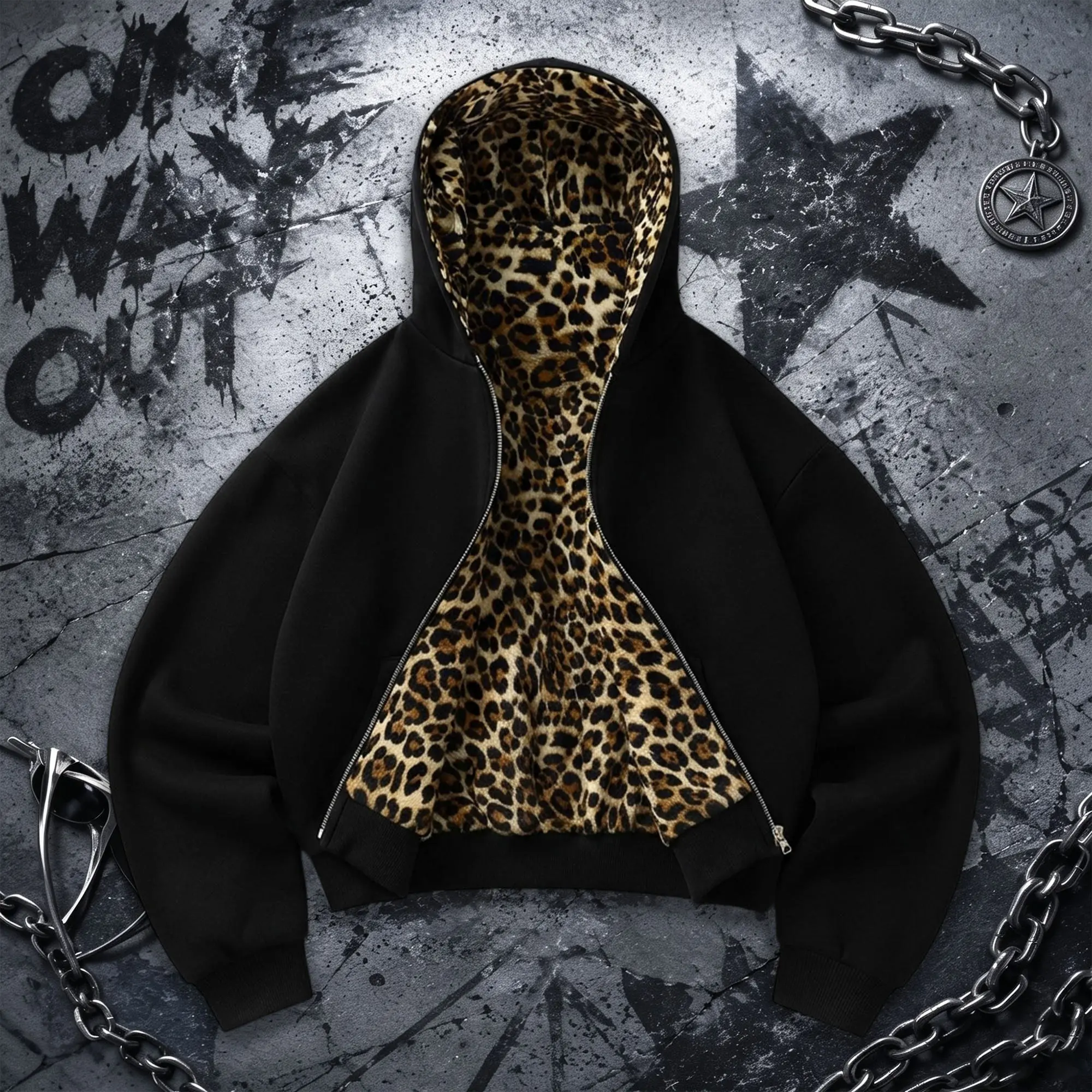 Reversible zip-up hooded jacket with leopard-print fleece lining; unisex loose short casual hoodie that can be worn both ways; lightweight, windproof hooded sweatshirt outerwear suitable for streetwear, everyday outings, shopping, parties, and weekend gat