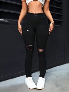 American Style Ripped Tight Jeans, High Waist Butt Lifting Skinny Pants, European and American Fashion Slimming Pencil Pants