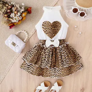 Kids Young Girls 2-Piece Summer Outfit Set - Back Shirt + Wolf Lion Skirt, Casual Loose Fit, Skirt Set Suitable for Vacation Summer Outdoor Leisure Activities