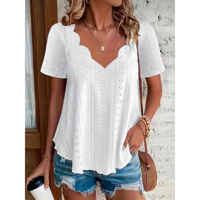 V Neck Plus Size Casual Short Sleeve Eyelet Scallop Trim T-Shirt - Spring & Summer Top For Women  Collar Fabric Elegant White Chic Womenswear Blouse Shortsleeve Vneck Spandex Vibe Knit Fitted Fluorescent Green