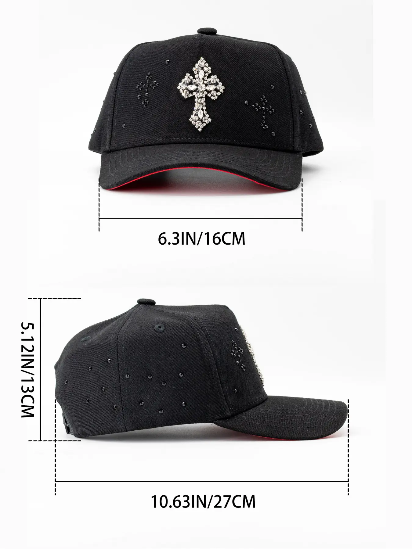 Black Embellished Cross Accent Baseball Cap Black Streetwear Rhinestone Cross Snapback - Hip Hop Urban  main image 3