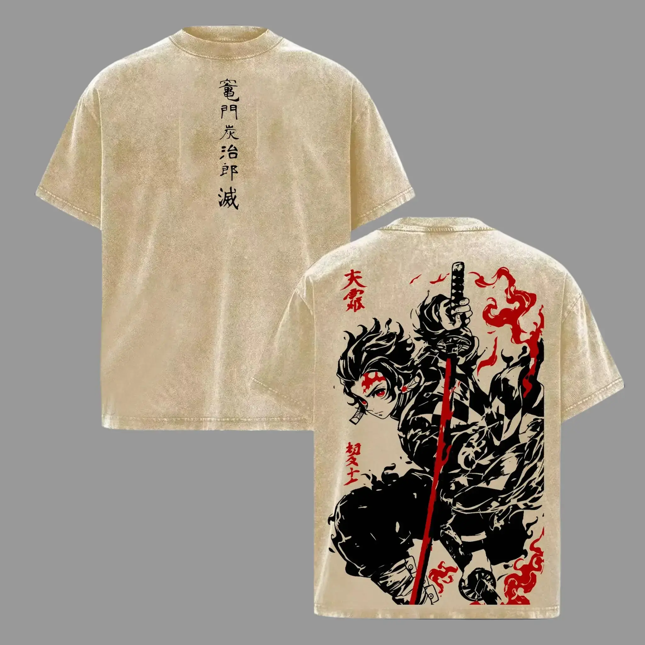 Tanjiro Kamado T-Shirt – Demon Slayer Kimetsu no Yaiba Vintage Washed Oversized Heavy Cotton Anime Manga Tee, Unisex Streetwear Retro Graphic Top Gift for Otaku Fans